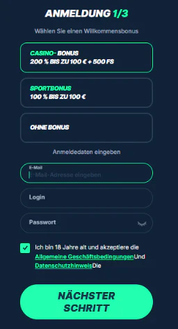 Playzilla Casino Registrierungsformular mit Bonusauswahl, E-Mail-Adresse, Login und Passwort